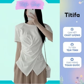 Áo thun nữ tay ngắn cổ tròn vạt chéo thời trang, áo kiểu nữ chất vải thun tăm mềm mát - Titifa Shop