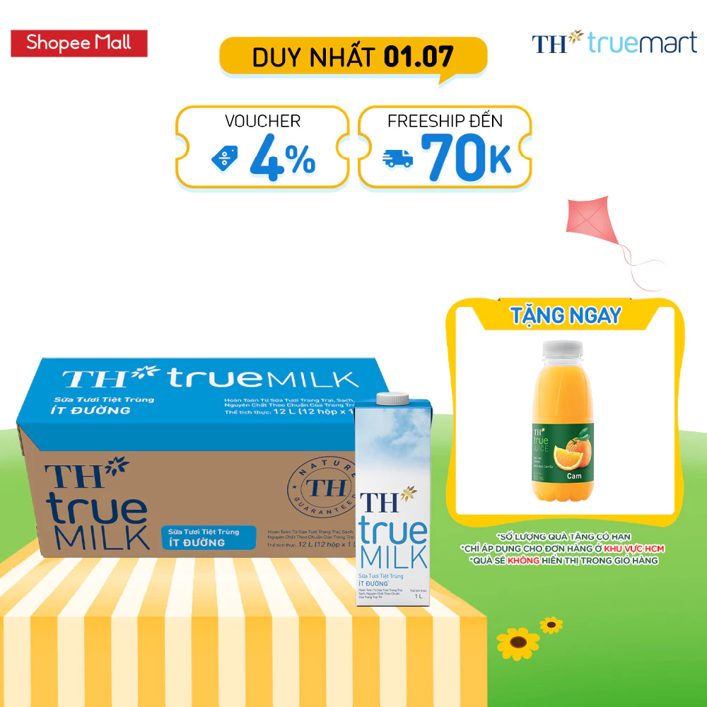 Thùng 12 hộp sữa tươi tiệt trùng ít đường TH True Milk 1L (1L x 12)