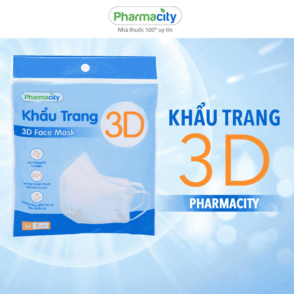 Khẩu trang y tế 3D chất lượng cao Pharmacity người lớn (Gói 5 cái)