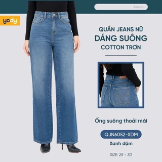 Quần jeans nữ suông YODY quần bò cạp cao ống rộng màu xanh đậm phong cách trẻ trung năng động QJN6052