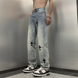 Quần jean nam unisex hoạ tiết chữ thập, quần jeanss nam unisex dáng rộng phong cách Hàn Quốc 2396