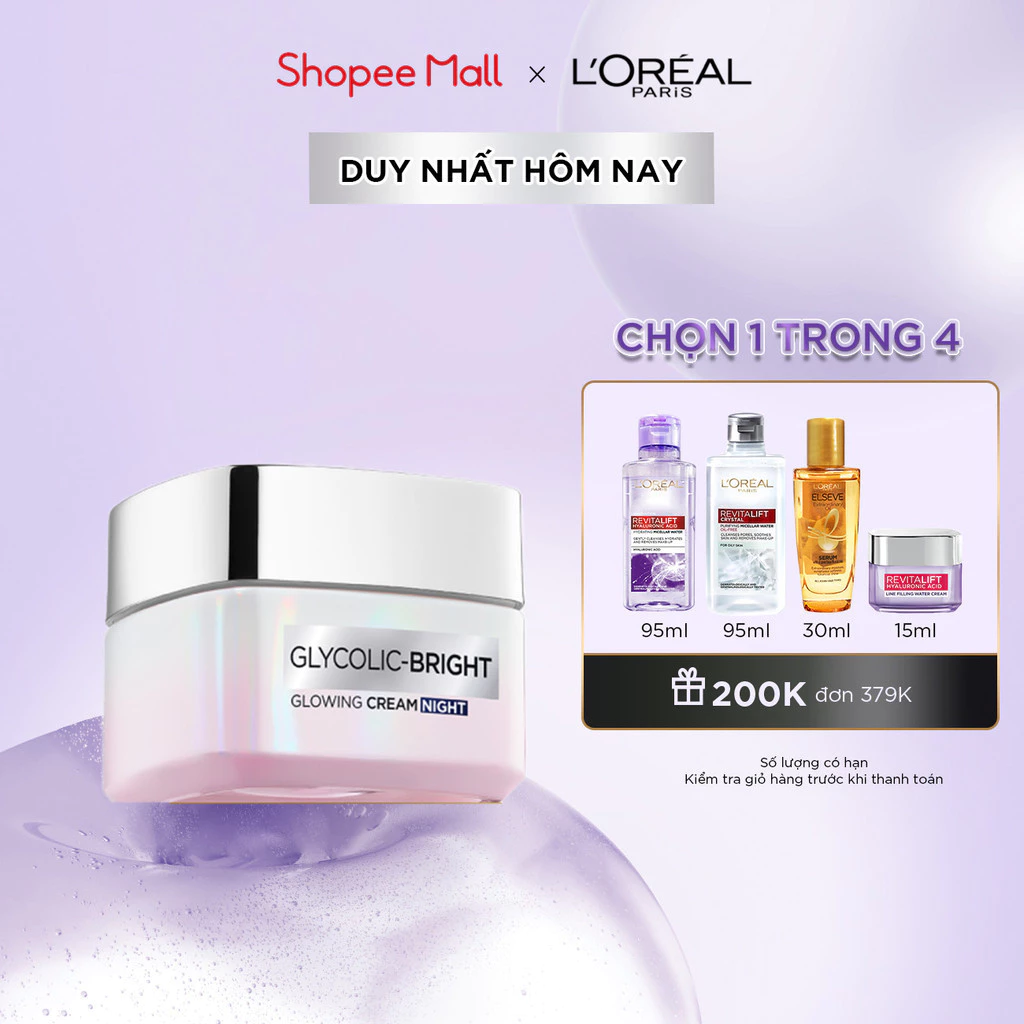 Kem đêm dưỡng sáng mờ thâm nám L'Oreal Paris Glycolic (AHA) Bright 50ml