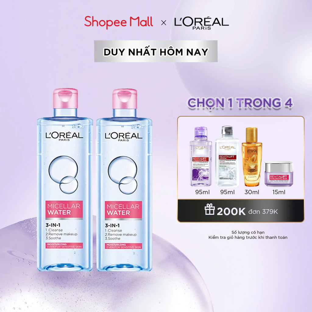 Bộ 2 nước tẩy trang dưỡng ẩm mượt da 3in1 L'Oreal Paris Micellar Water