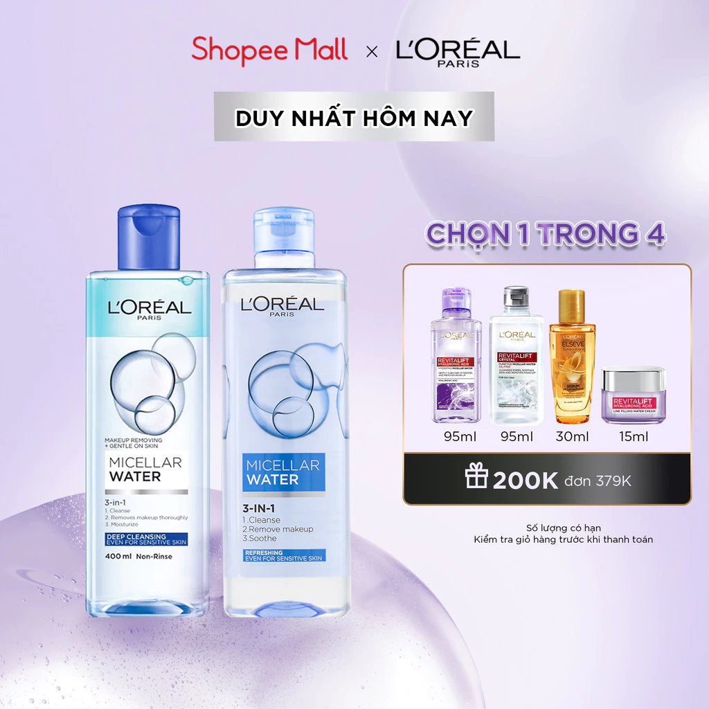 Bộ 2 nuớc tẩy trang đa năng 3in1 L'Oreal Paris Micellar Water 400ml x 2