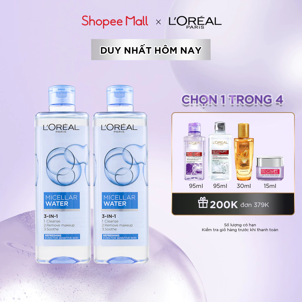 Bộ 2 nước tẩy trang đa năng 3in1 tươi mát L'Oreal Paris (xanh dương nhạt) 400ml