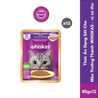 Thức Ăn Cho Mèo Lớn Dạng Sốt WHISKAS - 80g (12 gói) - Dinh Dưỡng Hoàn Thiện & Cân Bằng Cho Mèo Từ 1 Tuổi