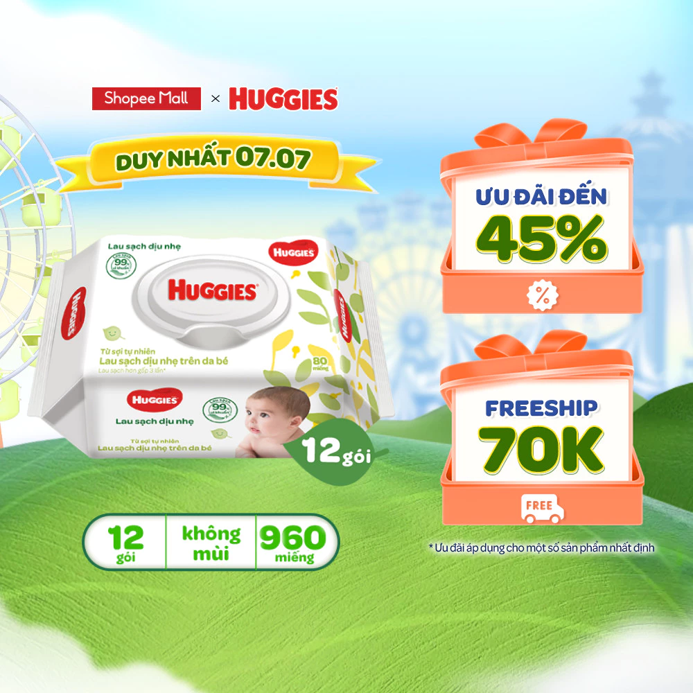 Thùng 12 gói khăn giấy ướt không mùi cho trẻ sơ sinh HUGGIES