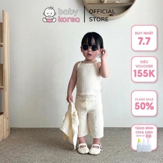 Set 3 món xốp nhăn áo hai dây quần suông kèm áo cardigan cộc tay bồng made in Korea cho bé gái đang yêu từ 8-30kg