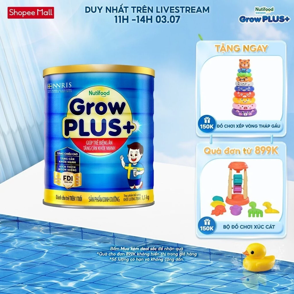 Sữa Bột Nutifood GrowPLUS+ Xanh (Biếng Ăn) 1.5kg - Trên 1 Tuổi - Tăng Cân Khỏe Mạnh (Lon 1.5kg)