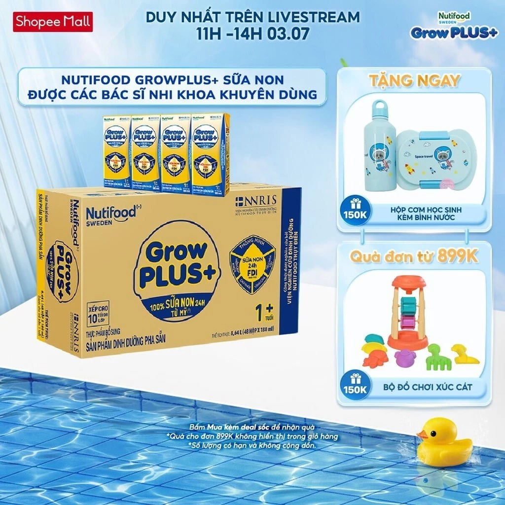 [TẶNG ĐỒ CHƠI] Thùng Sữa Bột Pha Sẵn GrowPLUS+ Vàng (Sữa Non Tăng Đề Kháng) 180ml - Trên 1 Tuổi (48 Hộp x 180ml)