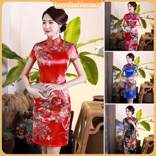 Boysfashionacc Sườn Xám qipao Tay Ngắn Xẻ Tà Bên Hông In Hoa Phong Cách Trung Quốc Cho Nữ