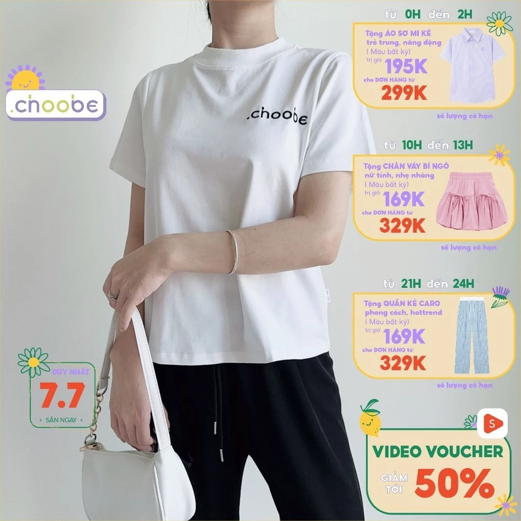 Áo phông baby tee Choobe nữ thun cộc tay cổ cao basic trơn thêu chữ chất vải cotton co giãn thoáng mát A98