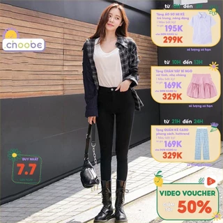 Quần tregging nữ Choobe lưng cạp cao dài dáng thun ôm bó legging skinny vải giữ nhiệt màu đen Q13