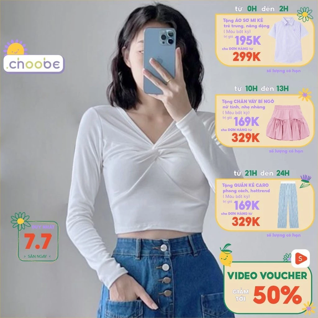 Áo croptop tay dài nữ Choobe kiểu xoắn ngực vải thun cotton co giãn tốt ôm body kiểu cá tính A80