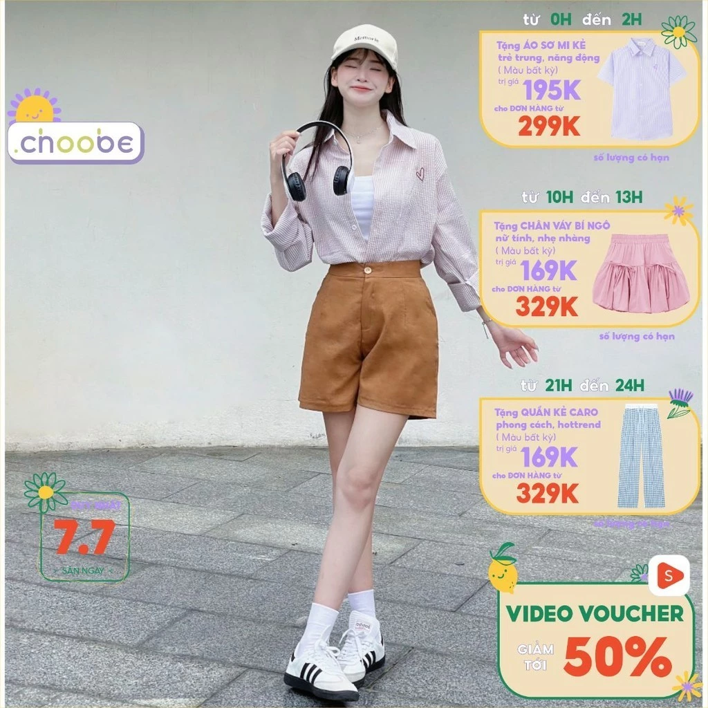 Quần đùi nữ Choobe vải đũi xước thoáng mát quần short cạp chun sau có túi mềm mịn freesize QS01