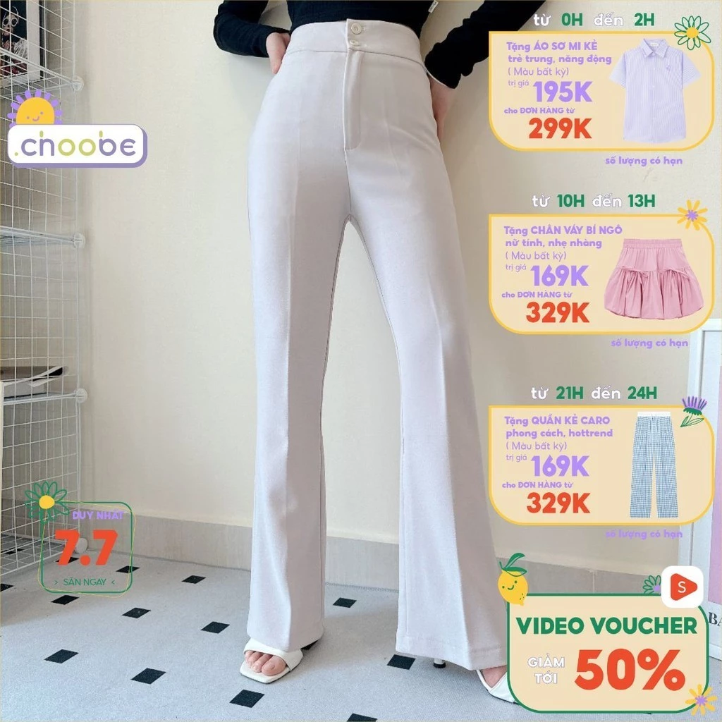 Quần ống loe Flaree Choobe lưng cạp cao 2 cúc baggy vải nữ dài suông loe culottes màu ghi sữa