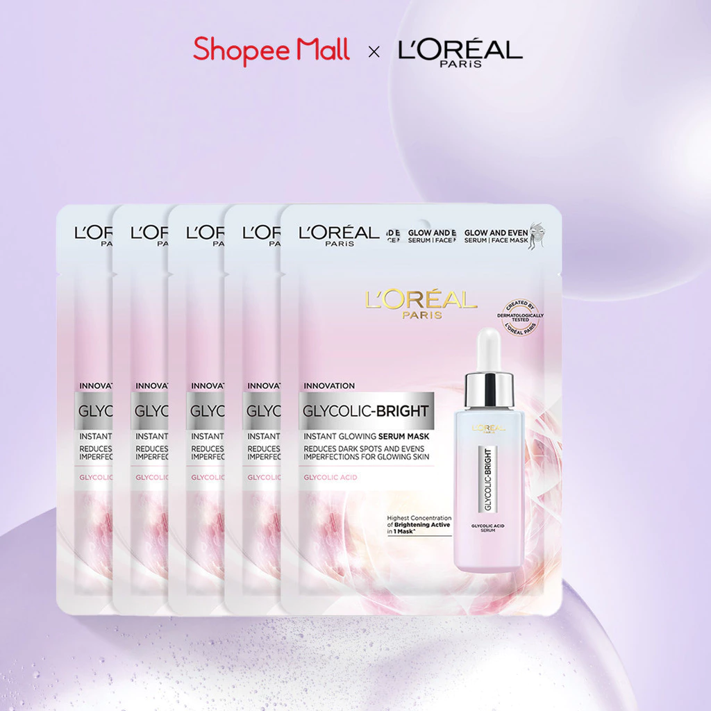 Bộ 5 mặt nạ dưỡng sáng mờ thâm nám L'Oreal Paris Glycolic (AHA) Bright 22gx5