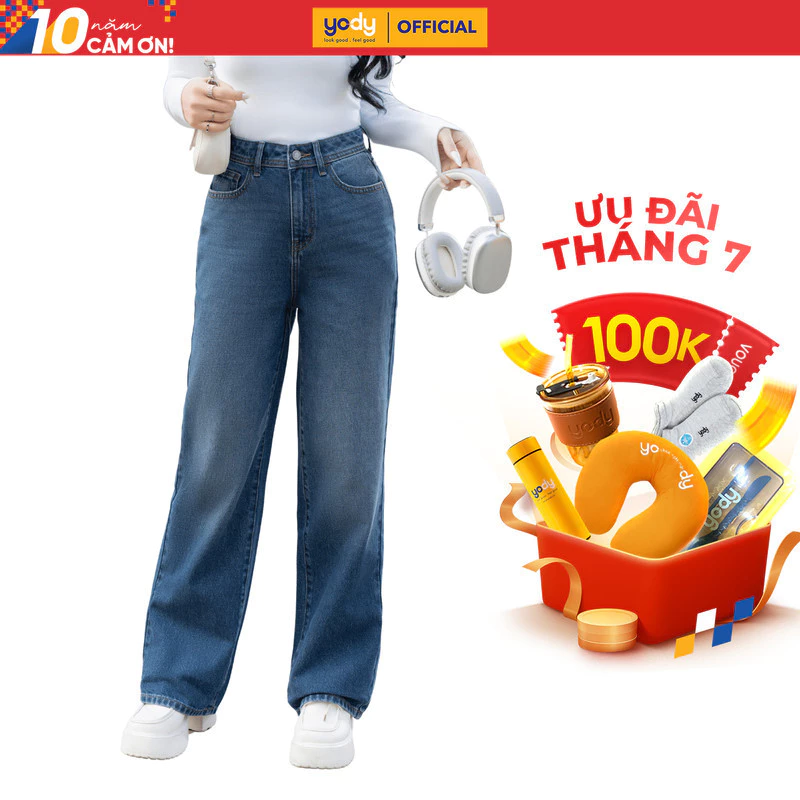 Quần jeans nữ YODY quần nữ cạp cao ống rộng dáng dài trẻ trung năng động QJN6052