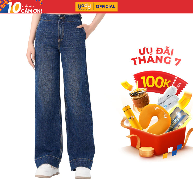 Quần jeans nữ YODY quần bò ống rộng cạp cao có cúc điều chỉnh eo thoải mái QJN7006