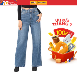 Quần jeans nữ YODY quần bò cạp cao ống suông màu xanh đậm trẻ trung năng động QJN6018