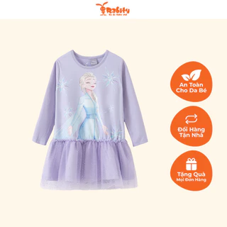 Đầm váy thun dài tay phối lưới cho bé gái họa tiết Elsa dễ thương Rabity 5642