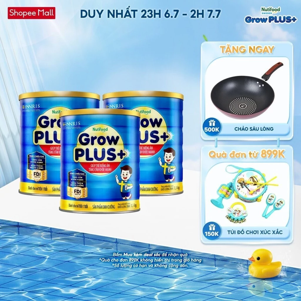 Combo 3 Sữa Bột Nutifood GrowPLUS+ Xanh (Biếng Ăn) 1.5Kg - Trên 1 Tuổi - Tăng Cân Khỏe Mạnh (3 Lon x Lon 1.5Kg)