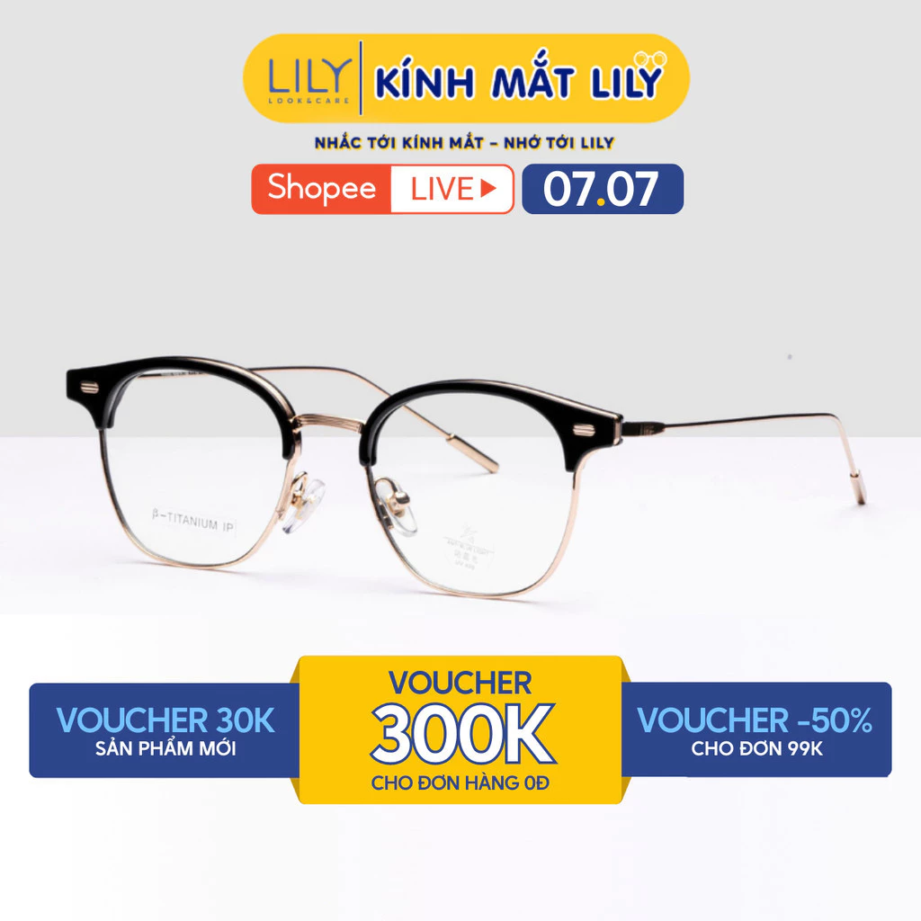 Gọng kính cận nam nữ LILYEYEWEAR mắt kính tròn TITANIUM thanh mảnh thời thượng 22002