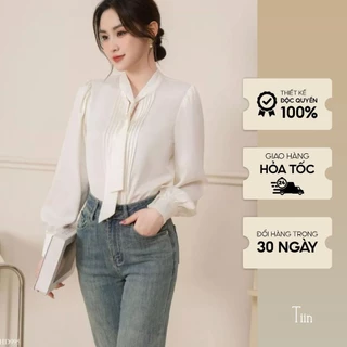 Áo sơ mi cổ nơ thân diễu nẹp màu trắng TIINSTORE AHD995