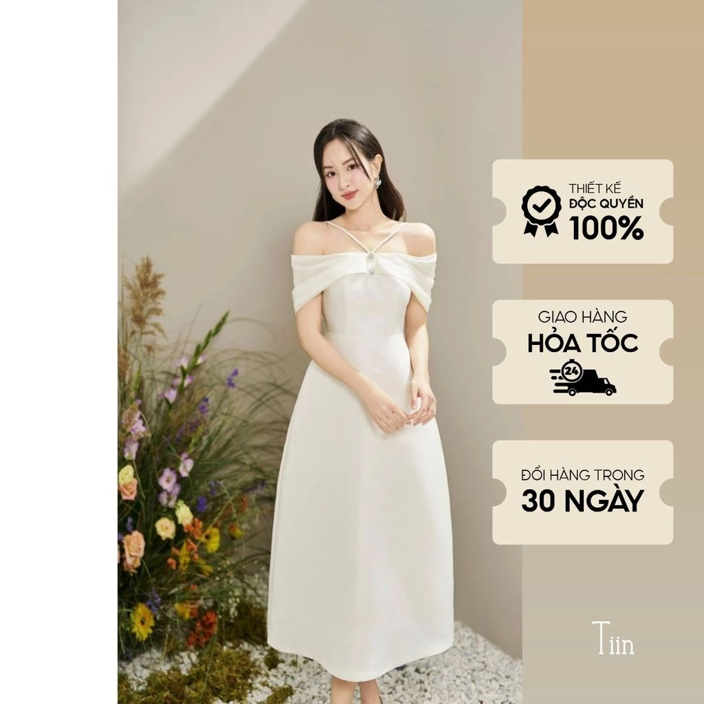 Váy trễ vai đi tiệc đính khuy đá dây chéo màu kem TIINSTORE VHN1051