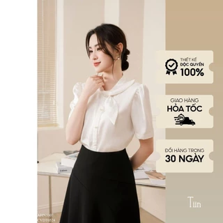 Áo sơ mi cổ trụ nơ lệch màu trắng TIINSTORE AHN1007