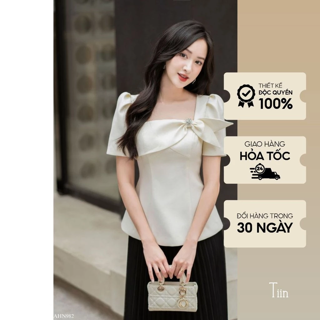 Áo cổ vuông đáp nơ đính khuy peplum TIINSTORE AHN982