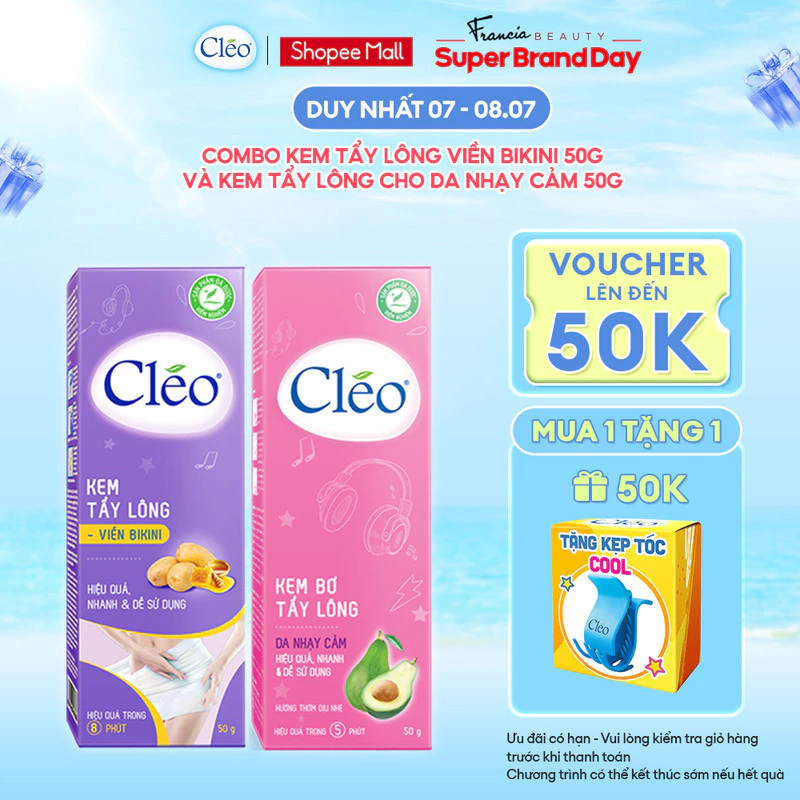 Bộ kem tẩy lông Cleo 50g cho viền bikini và kem tẩy lông nách Cleo 50g cho da nhạy cảm