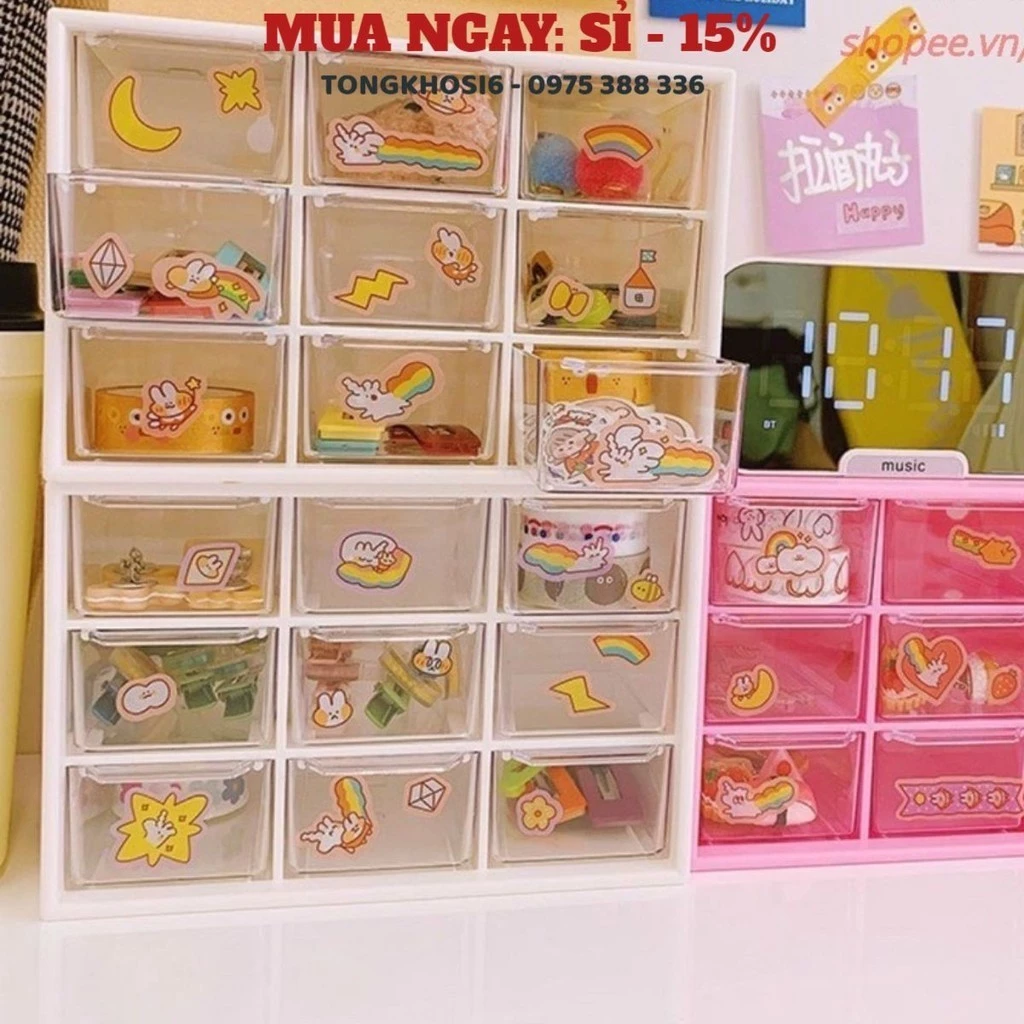 Hộp Nhựa Đa Năng 9 Ngăn Nhỏ Đựng Đồ Siêu Xinh🍀Kệ 9 Ngăn Đựng Đồ Mini Tặng Kèm Sticker