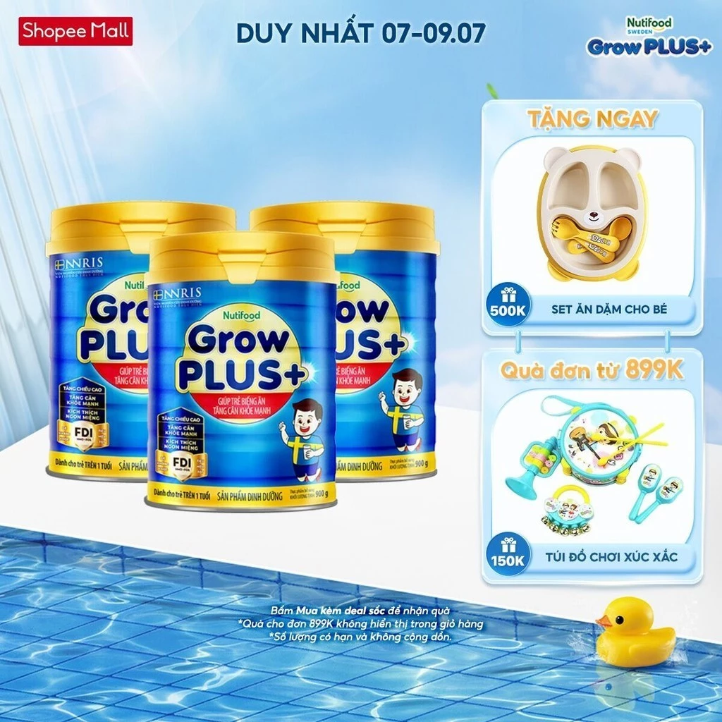 Combo 3 Sữa Bột Nutifood GrowPLUS+ Xanh (Biếng Ăn) 900g - Trên 1 Tuổi - Tăng Cân Khỏe Mạnh (3 Lon x Lon 900g)