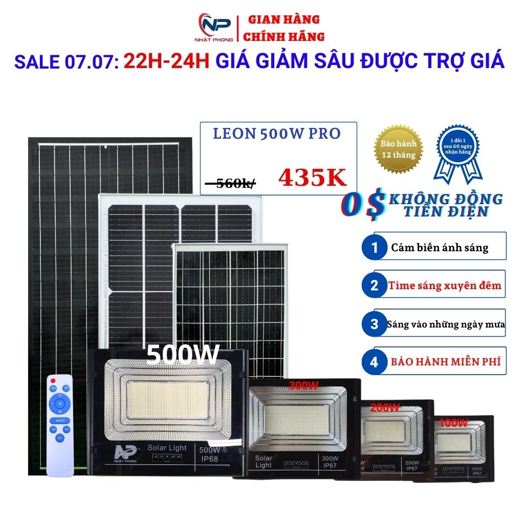 Đèn led năng lượng mặt trời SHOP NHẬT PHONG,đèn pha đôi LEON trang trí sân vườn 300W,500W, cảm biến, remot, BH 12 Tháng