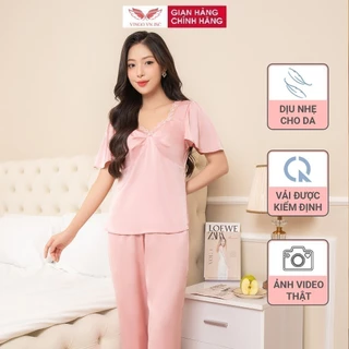 Bộ đồ ngủ nữ Pijama lụa mặc nhà VINGO dáng tay cộc quần dài màu hồng thanh lịch H979 VNGO