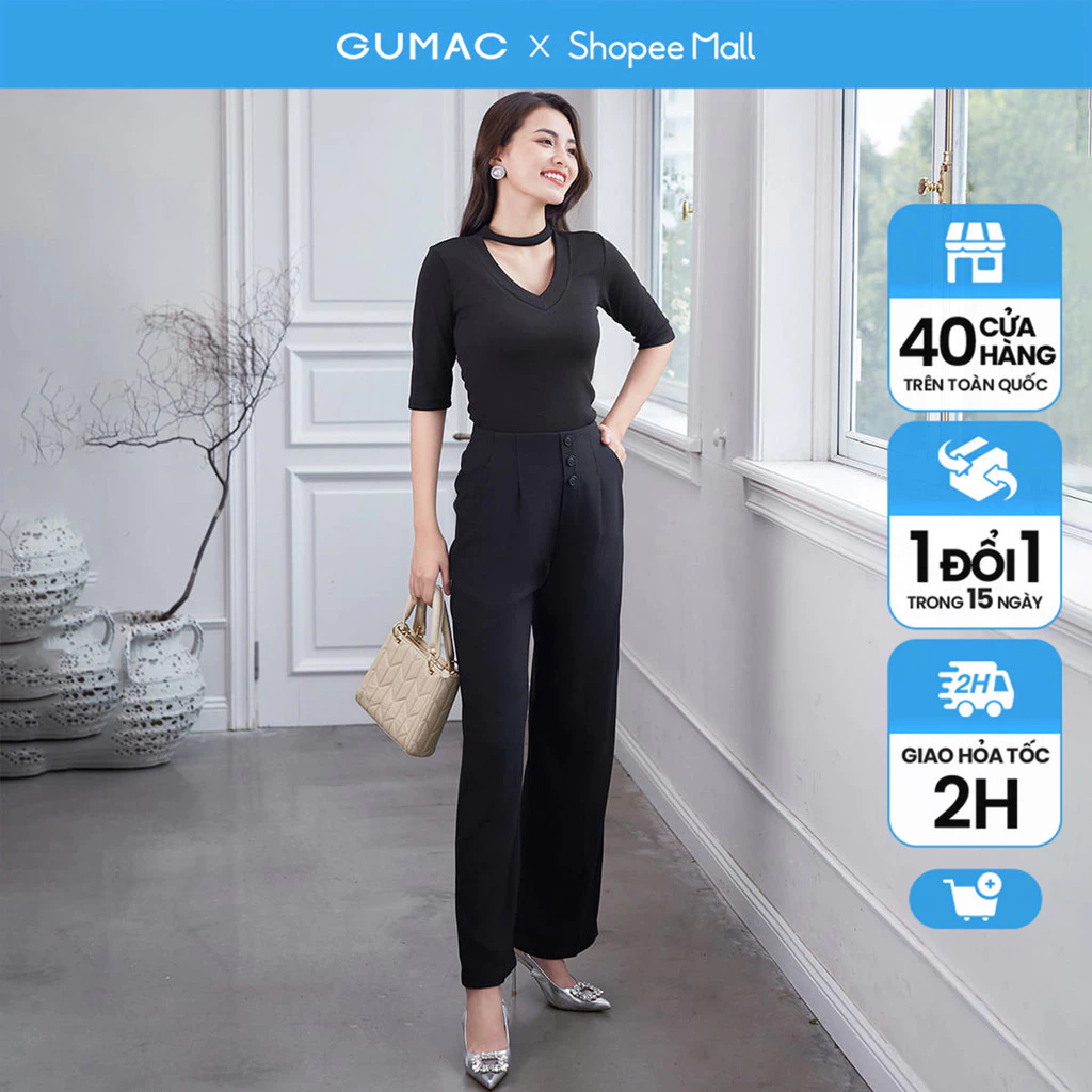 Quần tây nữ dáng suông đính nút thời trang GUMAC QD12018