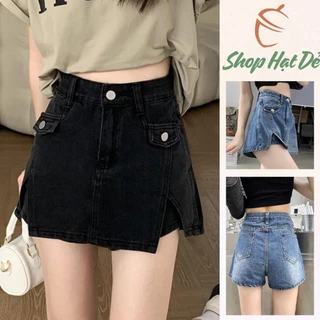 Quần giả váy jeans cạp cao dáng ôm chữ A H1, quần shorts jean vạt cắt Shop Hạt Dẻ