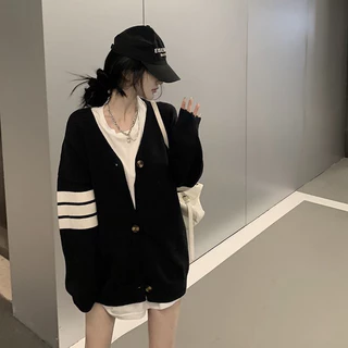 Áo khoác cardigan len nữ Thom unisex kẻ 3 sọc chất len quảng châu có kiểu màu đen xám phong cách hàn quốc