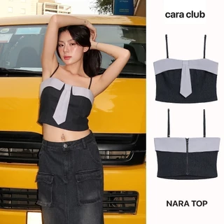 CARA Áo croptop jean hai dây nữ Nara đính kiểu cà vạt cá tính