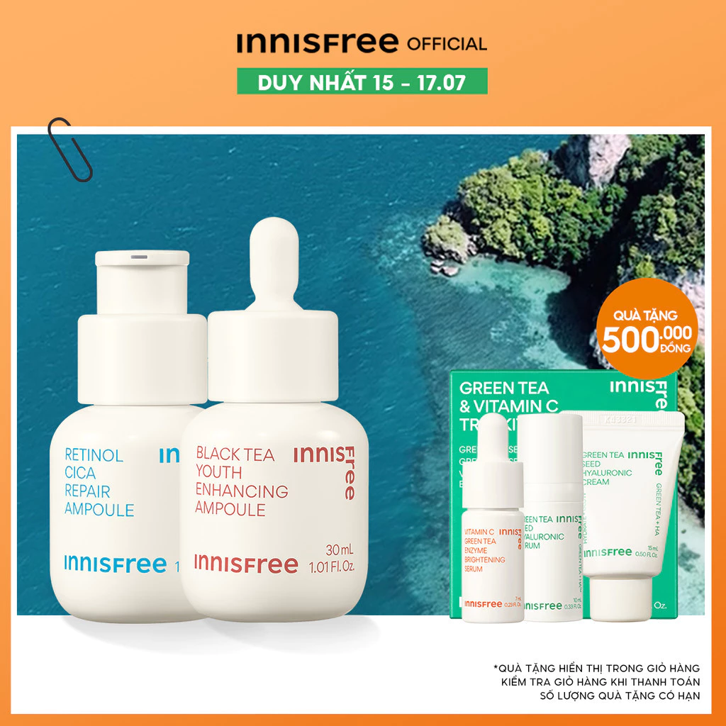 Bộ Tinh chất phục hồi chống lão hóa da Innisfree Black Tea Youth Ampoule 30mL & Retinol Cica Repair Ampoule 30ml