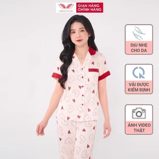 Bộ đồ ngủ nữ Pijama lụa mặc nhà VINGO tay ngắn quần dài trái tim mặc mùa Hè thoải mái H1062 VNGO