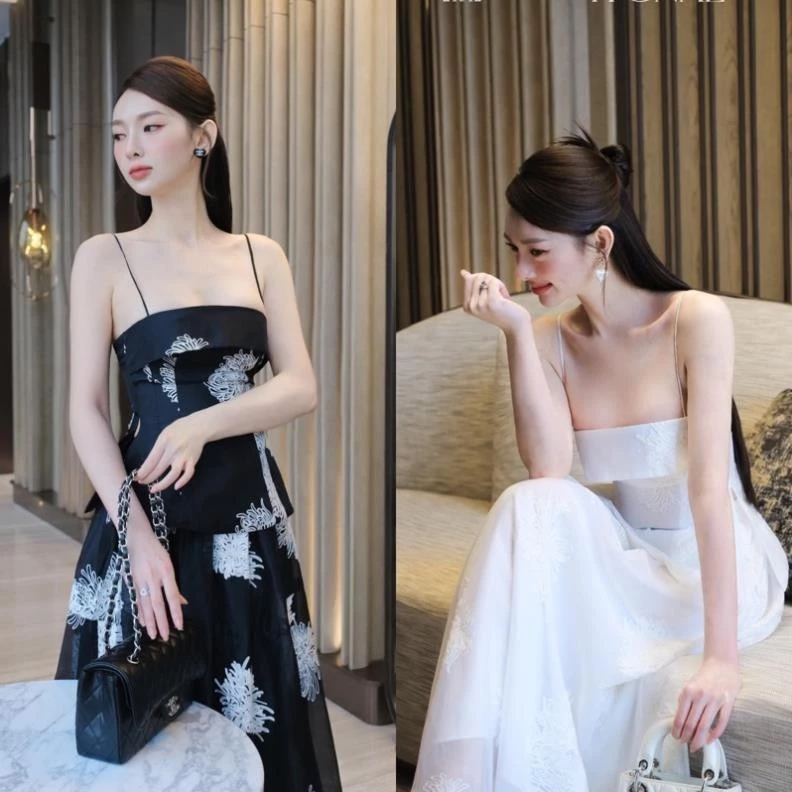 [Mya house] Set áo 2 dây peplum và chân váy xoè chất liệu voan tơ dài tôn dáng nữ tính thanh lịch