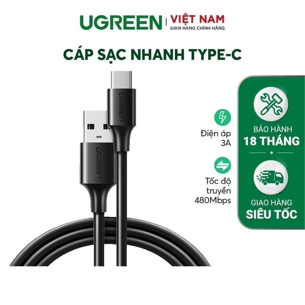 Cáp sạc USB 2.0 A sang USB C Ugreen US287 | Tốc độ truyền 480Mbps | Bảo Hành 1 đổi 1 18 Tháng | 60225 60114