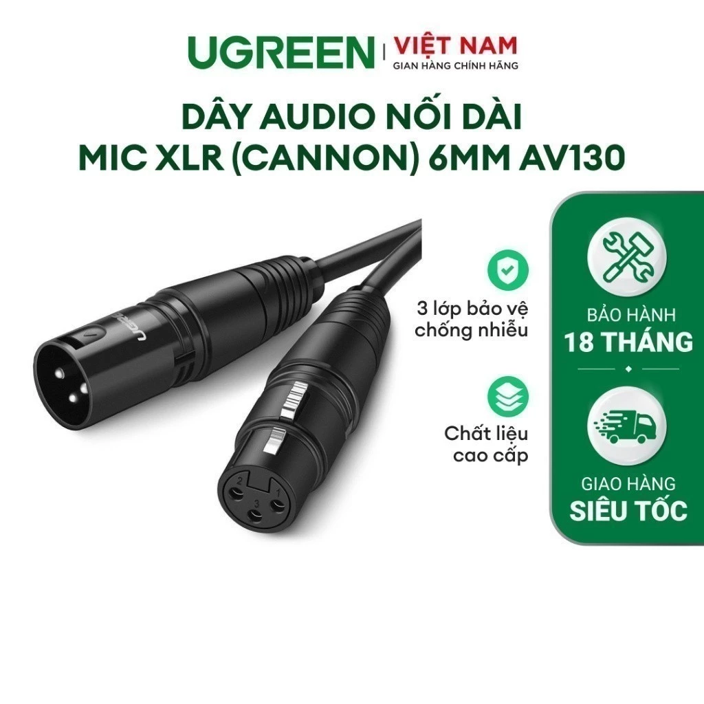 Dây Audio nối dài MIC XLR (Cannon) 6mm UGREEN AV130 | Đầu XLR đực sang XLR cái | 3 lớp bảo vệ | Bảo hành 18 tháng 1 Đổi1