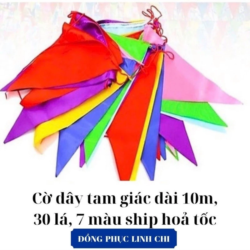10m cờ dây tam giác 7 màu, cờ đuôi nheo, dây cờ vải đẹp trang trí lễ hội, Tết, ngoài trời