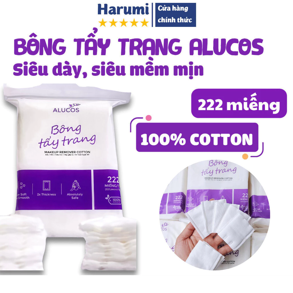 Bông Tẩy Trang Alucos 222 Miếng Chữ Nhật Siêu Mềm, Dày Dặn Dùng Cực Thích, Có Giá Sỉ Cực Tốt