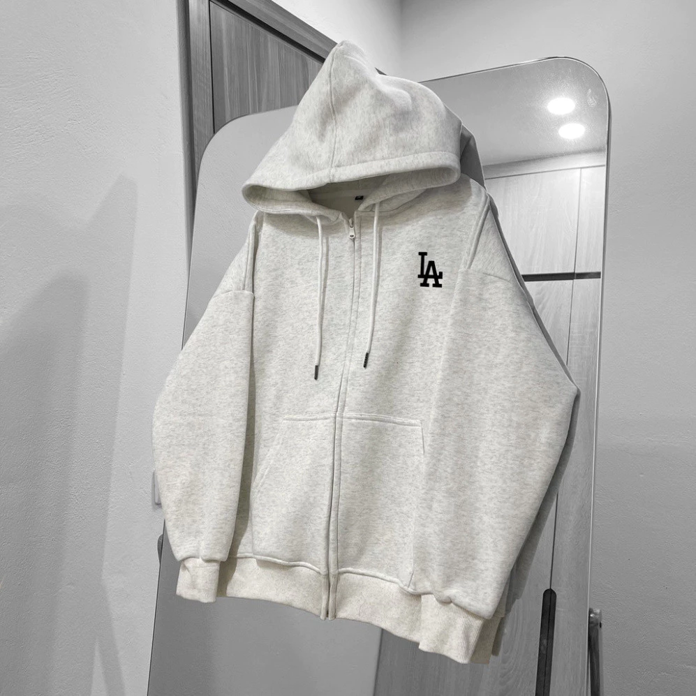 Áo hoodie zip nỉ nam nữ In LA áo khoác hoodie zip loại nỉ bông, form rộng vải dày dặn bền bỉ màu đen xám - thoitrangdep