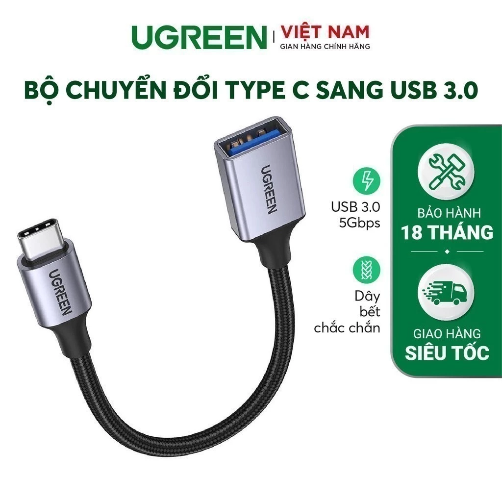 Bộ chuyển đổi USB type C sang USB 3.0 UGREEN US378 | Hỗ trợ OTG | Vỏ bọc nylon bền bỉ | Bảo Hành 18 Tháng 1 Đổi 1| 70889