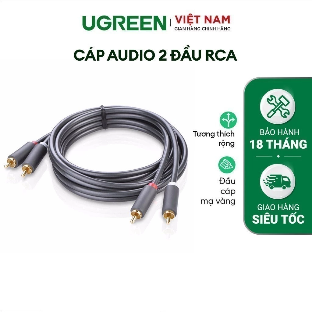 Cáp Audio 2 đầu RCA UGREEN AV104 | Chuẩn 2 đầu 2RCA đực sang 2RCA đực | Mạ vàng 24K | Bảo Hành 18 Tháng 1 Đổi 1